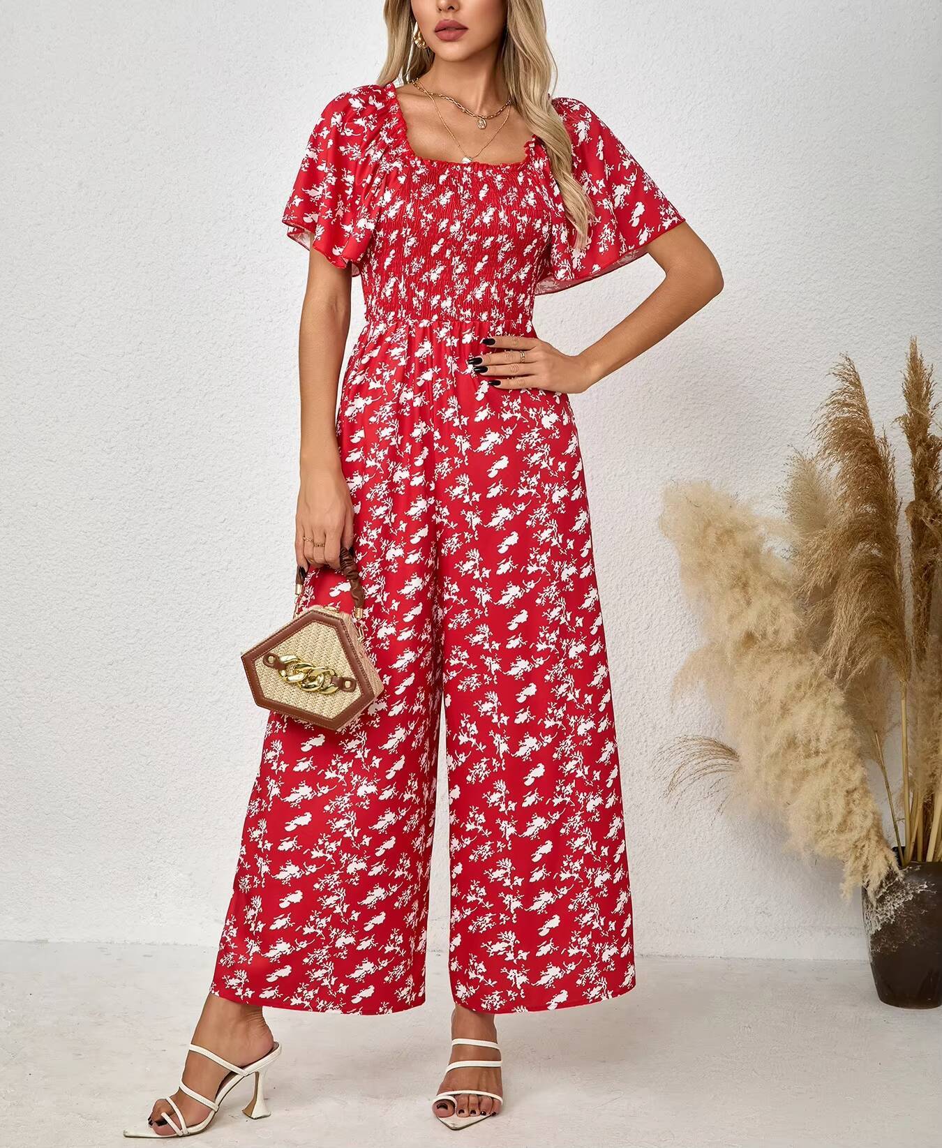 Romper Floral Print - 여성용 레드 점프수트 플로럴 프린트 스퀘어