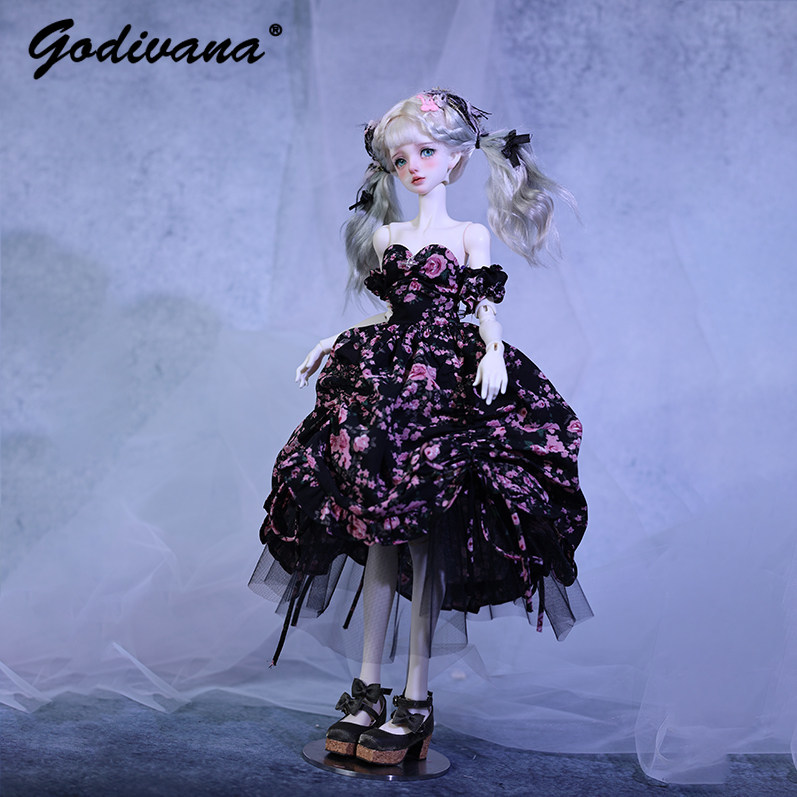 Midi Skirt Floral - 1/4 BJD 인형용 의상: 검은색 바탕에