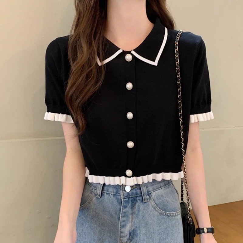 Crop Top Crochet - 여성 셔츠 니트 반팔 귀여운 프릴
