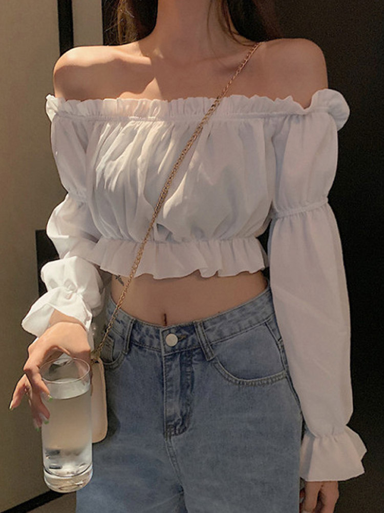 Crop Top Crochet - 여성 탑 섹시한 블라우스 오프 숄더