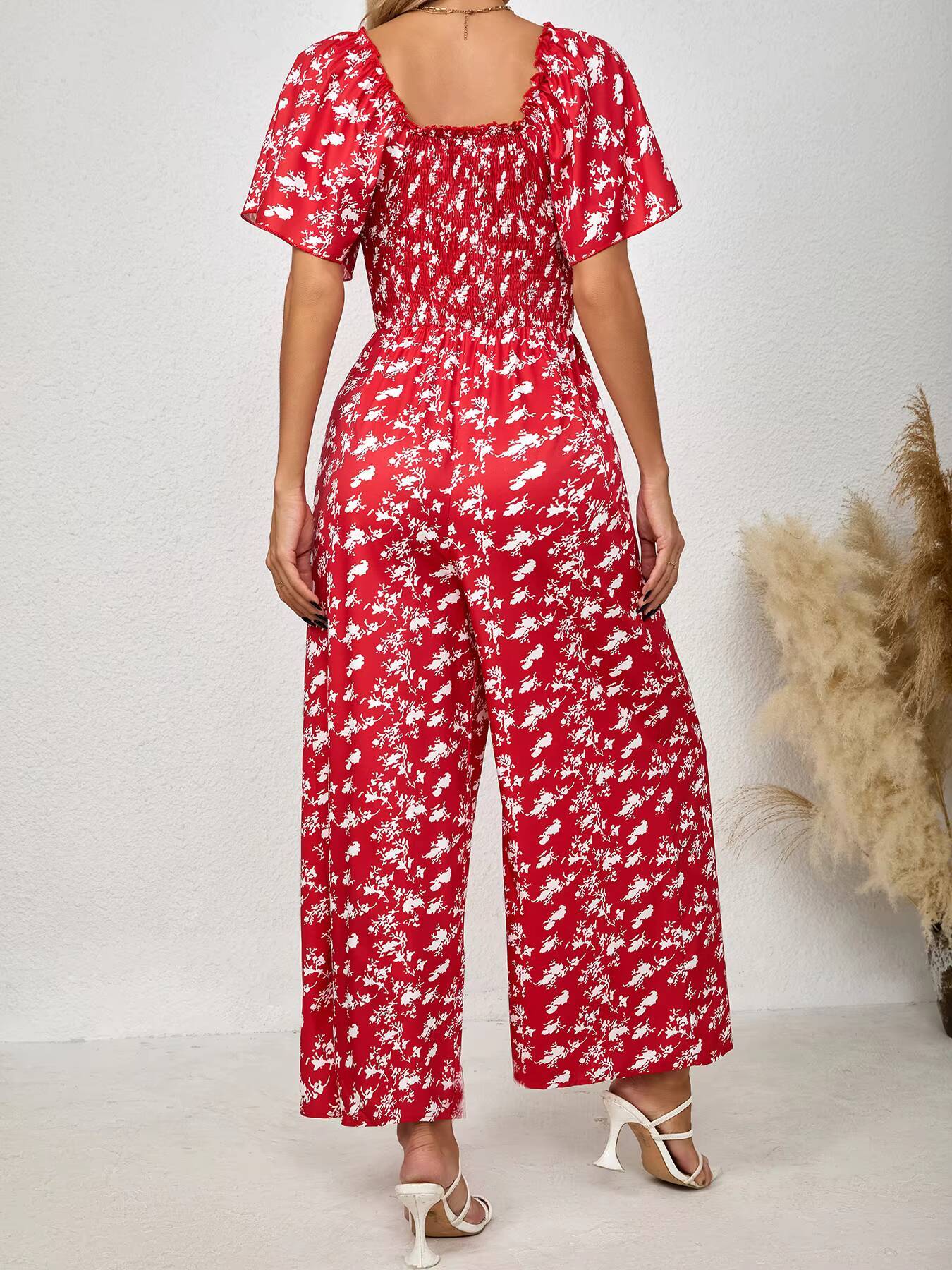 여성용 레드 점프수트 플로럴 프린트 스퀘어 넥 플러터  - Romper Floral Print 리뷰 및 가격