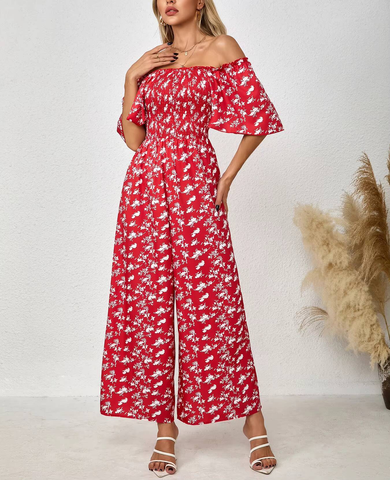 여성용 레드 점프수트 플로럴 프린트 스퀘어 넥 플러터  - Romper Floral Print 리뷰 및 가격