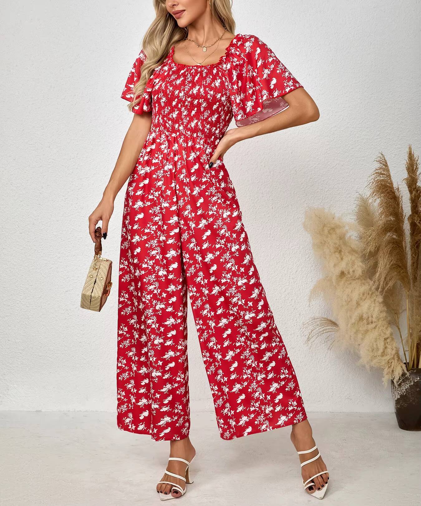 여성용 레드 점프수트 플로럴 프린트 스퀘어 넥 플러터  - Romper Floral Print 리뷰 및 가격