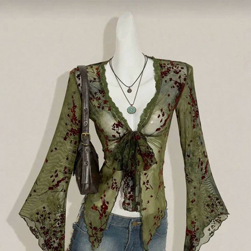 MEXZT 빈티지 플로럴 메쉬 셔츠 여성 Y2K 하라주 - Romper Floral Print 리뷰 및 가격