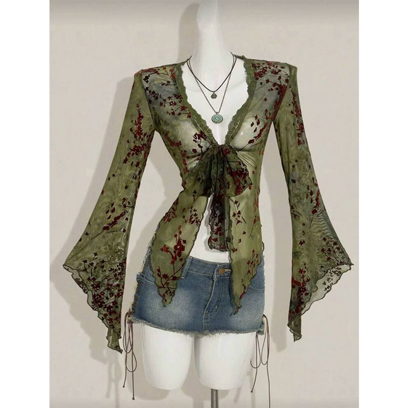 MEXZT 빈티지 플로럴 메쉬 셔츠 여성 Y2K 하라주 - Romper Floral Print 리뷰 및 가격