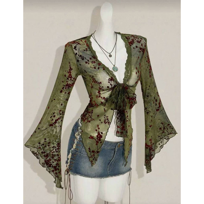 MEXZT 빈티지 플로럴 메쉬 셔츠 여성 Y2K 하라주 - Romper Floral Print 리뷰 및 가격