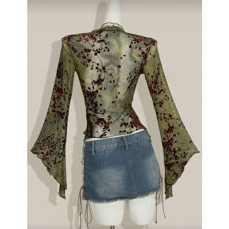 MEXZT 빈티지 플로럴 메쉬 셔츠 여성 Y2K 하라주 - Romper Floral Print 리뷰 및 가격