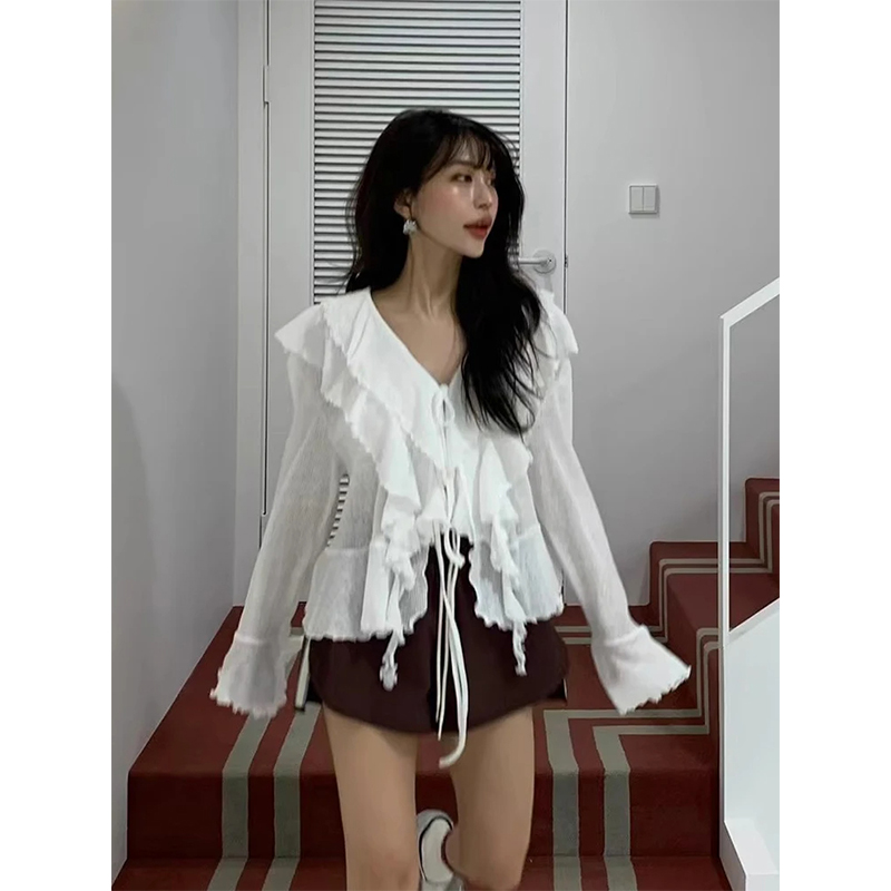 MEXZT 자른 흰색 셔츠 여성 패션 프릴 붕대 핑크  - Crop Top Crochet 리뷰 및 가격