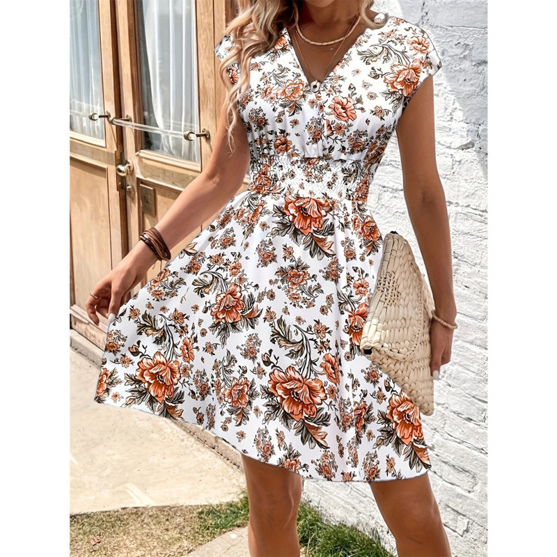 여성을위한 꽃 프린트 미디 드레스 캐주얼 루즈 v 넥  - Midi Skirt Floral 리뷰 및 가격