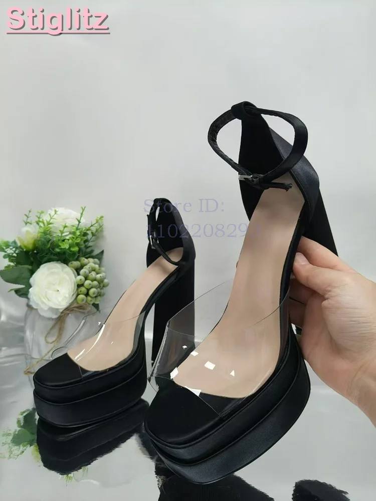 연하늘색 새틴 청키 힐 샌들 오픈토 투명 PVC 스트랩 - Sandal Strappy Heeled 리뷰 및 가격