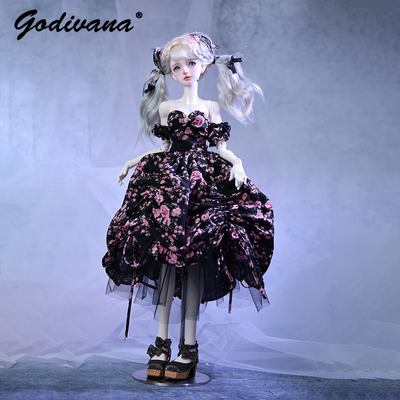 1/4 BJD 인형용 의상: 검은색 바탕에 분홍색 꽃무 - Midi Skirt Floral 리뷰 및 가격