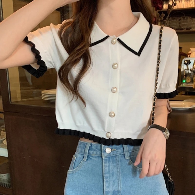 여성 셔츠 니트 반팔 귀여운 프릴 진주 단추 칼라 블라 - Crop Top Crochet 리뷰 및 가격