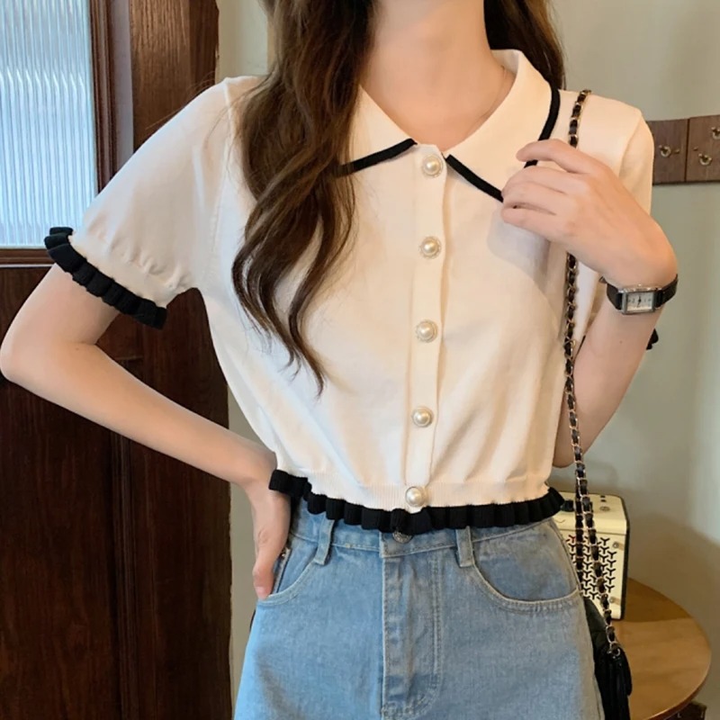 여성 셔츠 니트 반팔 귀여운 프릴 진주 단추 칼라 블라 - Crop Top Crochet 리뷰 및 가격