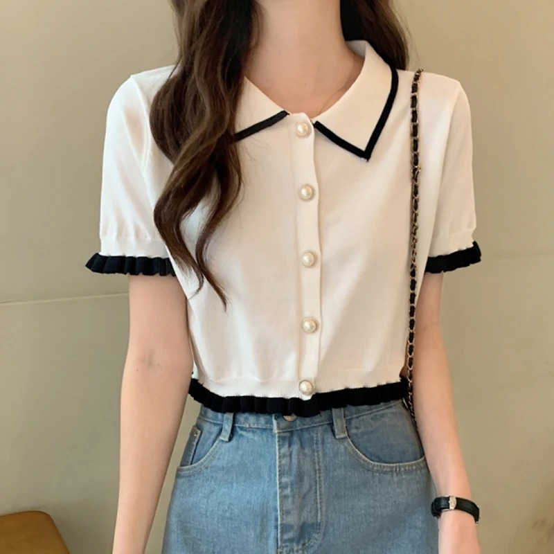 여성 셔츠 니트 반팔 귀여운 프릴 진주 단추 칼라 블라 - Crop Top Crochet 리뷰 및 가격