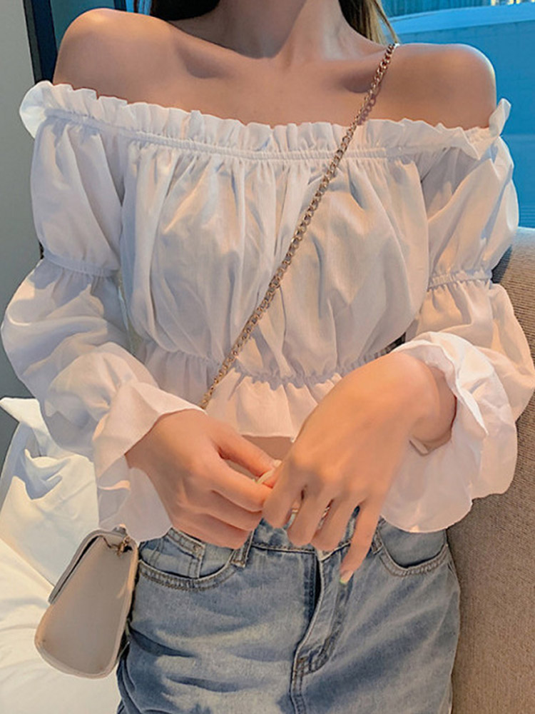 여성 탑 섹시한 블라우스 오프 숄더 탑 긴 소매 솔리드 - Crop Top Crochet 리뷰 및 가격