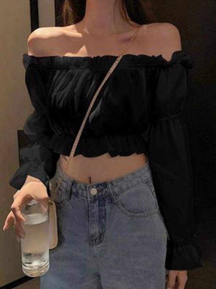 여성 탑 섹시한 블라우스 오프 숄더 탑 긴 소매 솔리드 - Crop Top Crochet 리뷰 및 가격