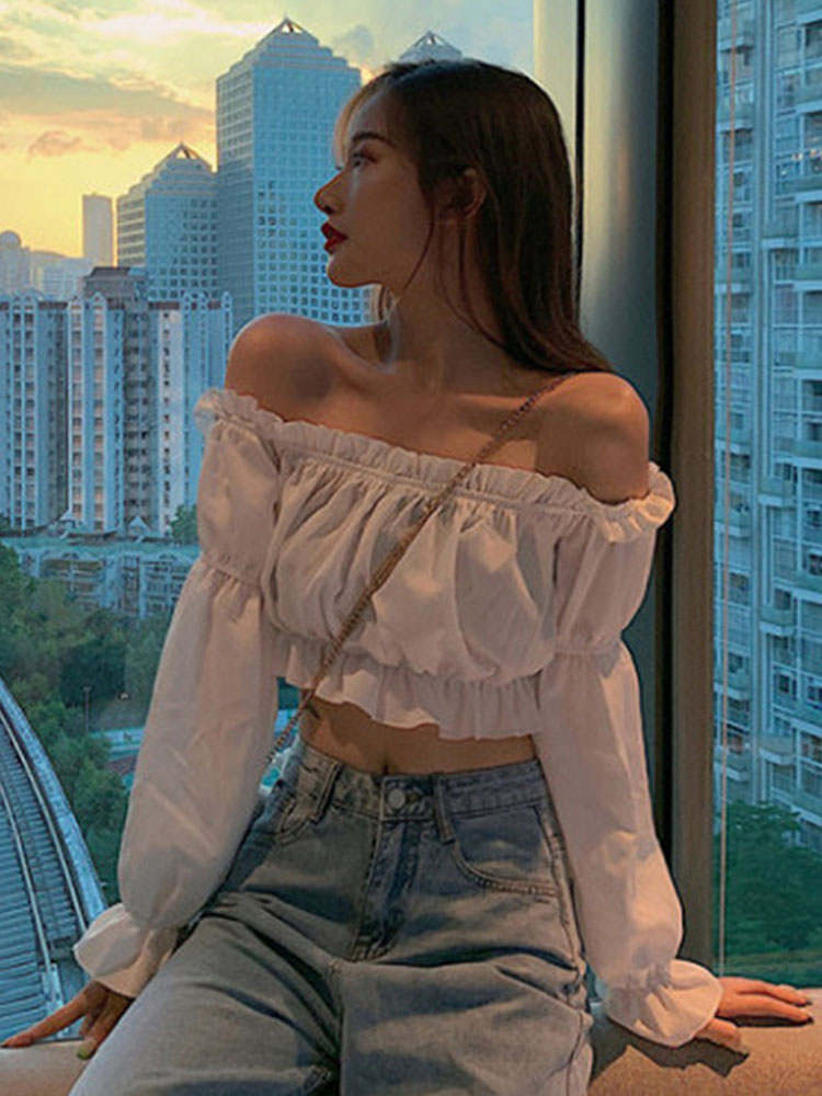 여성 탑 섹시한 블라우스 오프 숄더 탑 긴 소매 솔리드 - Crop Top Crochet 리뷰 및 가격